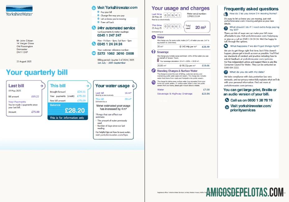 imprimível Modelo de conta de serviços públicos de água de Yorkshire do Reino Unido em formatos Word e PDF, 2 páginas, versão 2